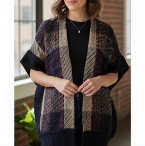 Vtg Nikos Handwoven Tan, Purple & Navy Open Front Statement Sweater Cardigan